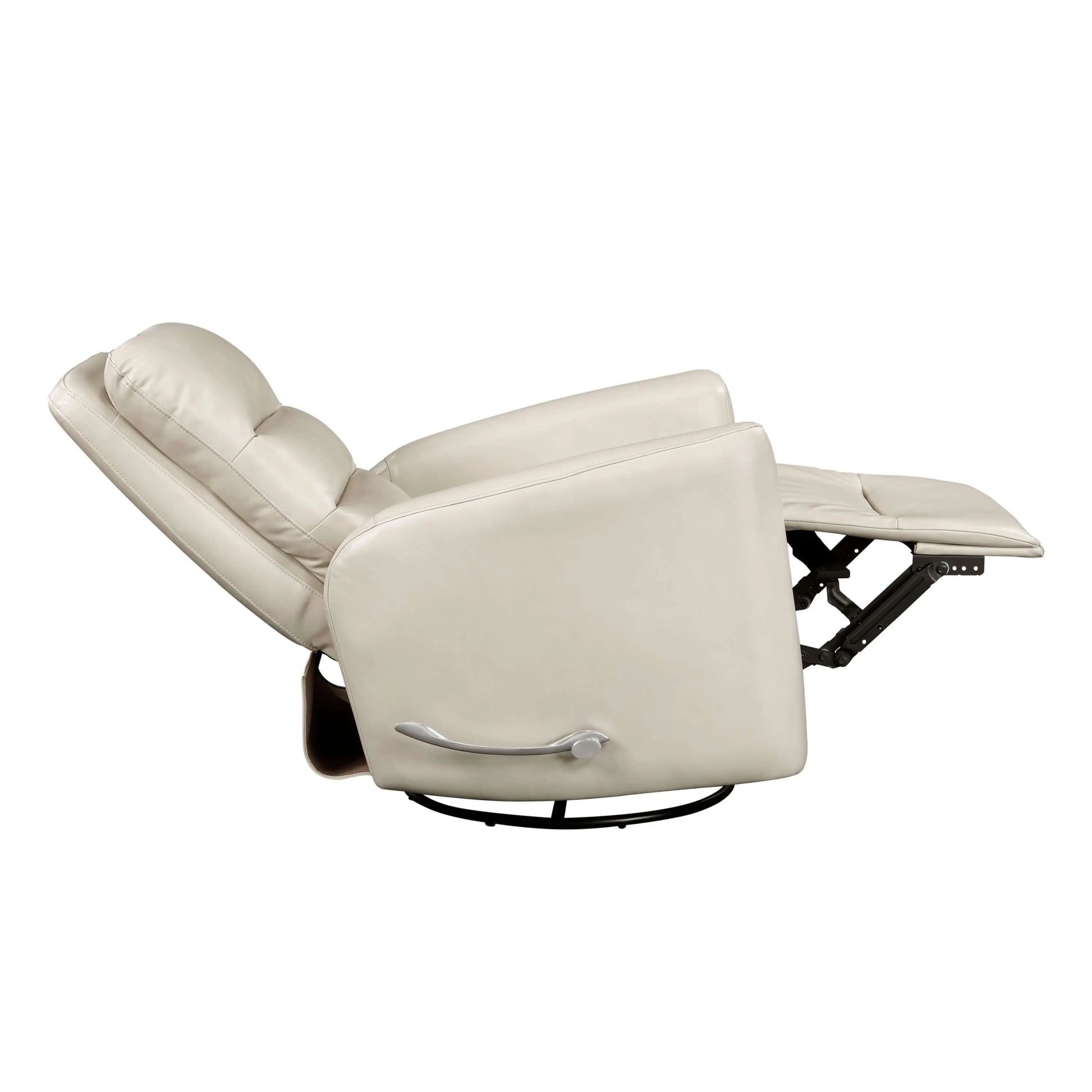 Fully reclined manual beige recliner chair on a white background