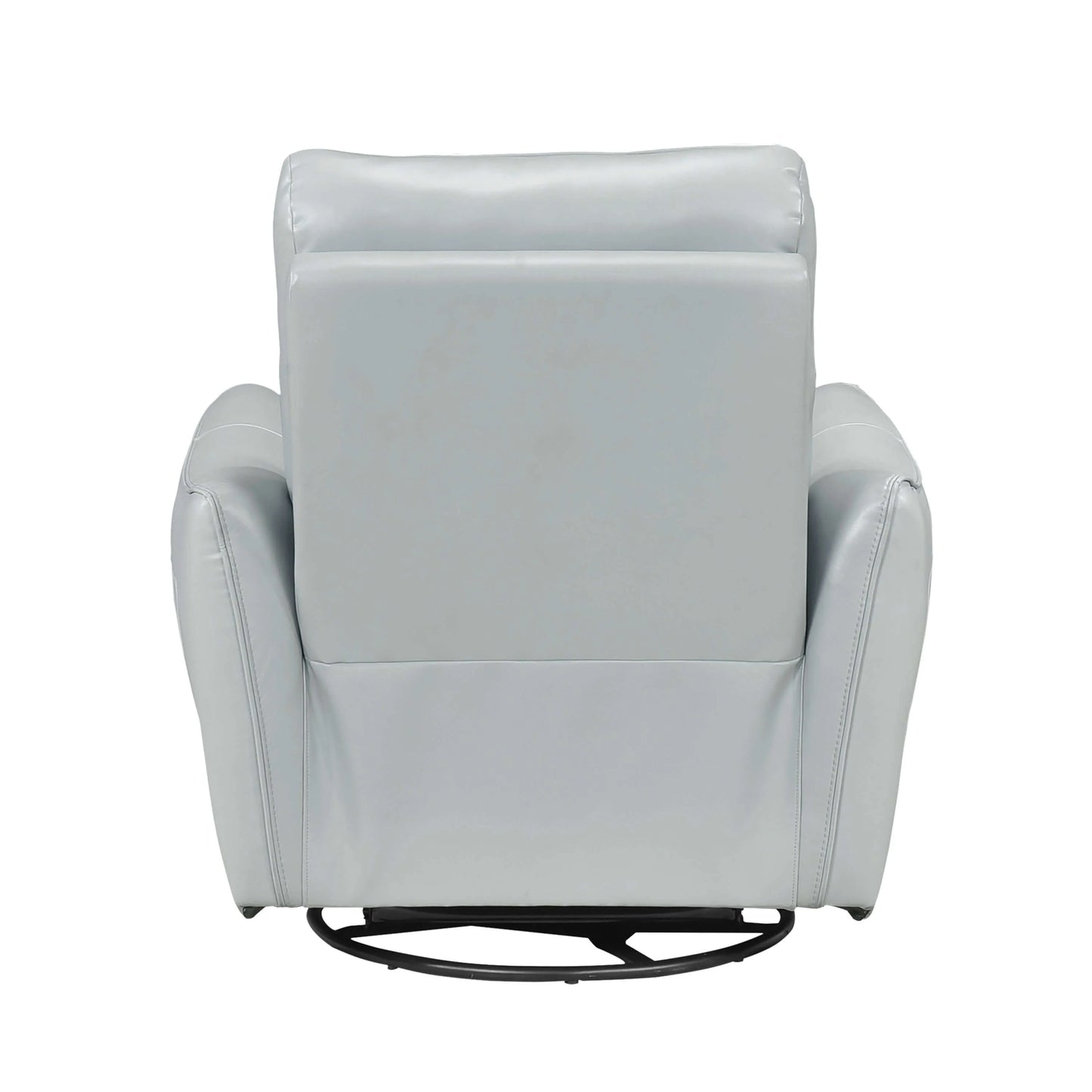 Back side of a light blue recliner chair with round metal base on a white background