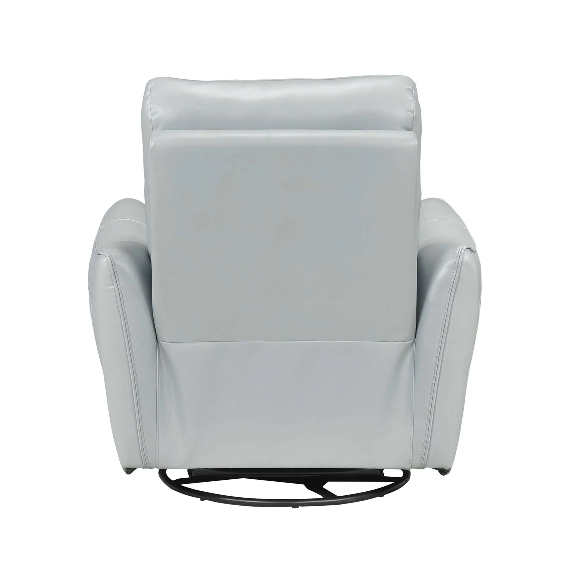 Back side of a light blue recliner chair with round metal base on a white background