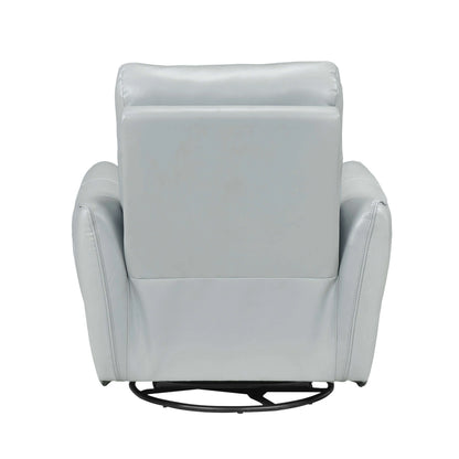 Back side of a light blue recliner chair with round metal base on a white background