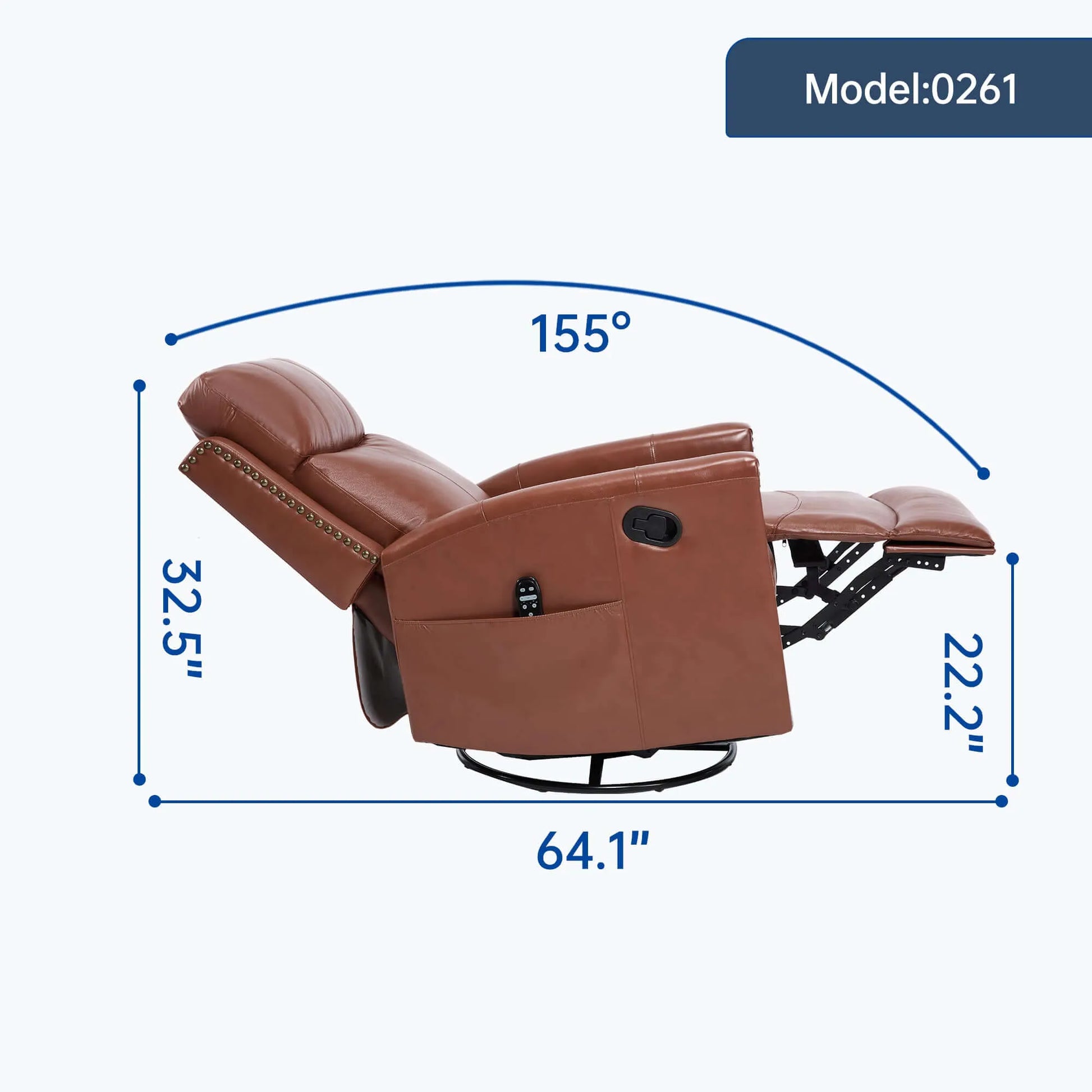 Brown recliner chair with measurements on a white background
