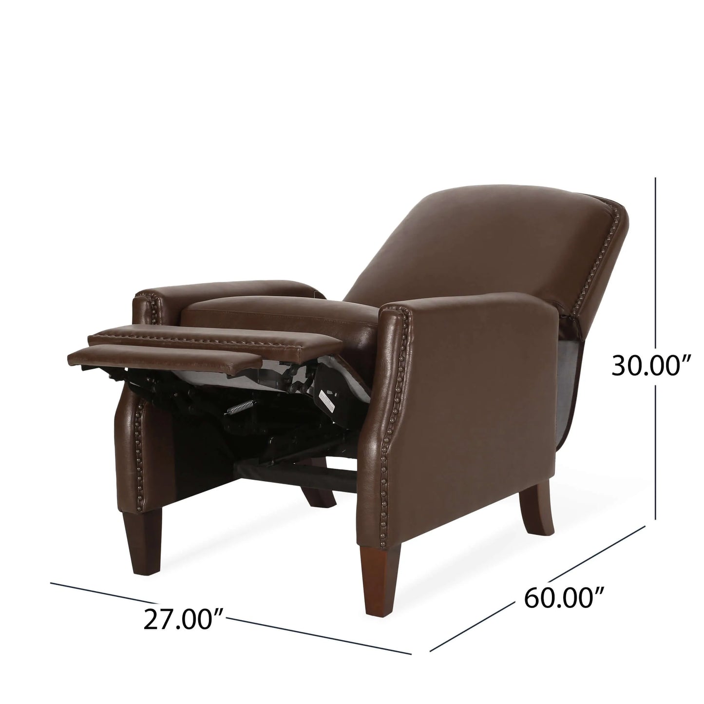 Dark Brown Recliner Chair with Rivets - Full recline view with chair dimensions