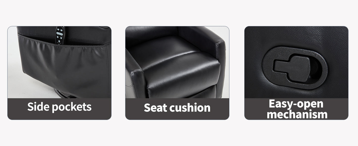 Product features including side pockets, seat cushion, and easy-open mechanism on a black background.