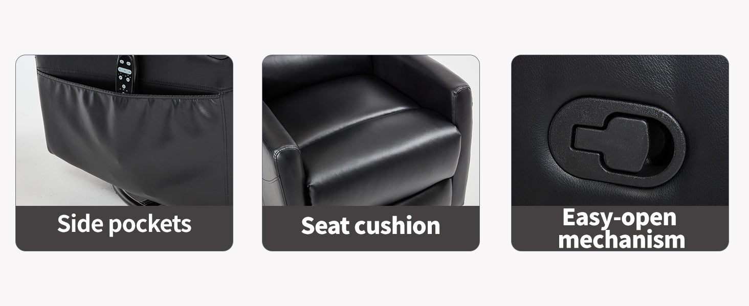 Product features including side pockets, seat cushion, and easy-open mechanism on a black background.