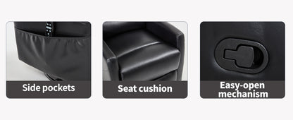 Product features including side pockets, seat cushion, and easy-open mechanism on a black background.