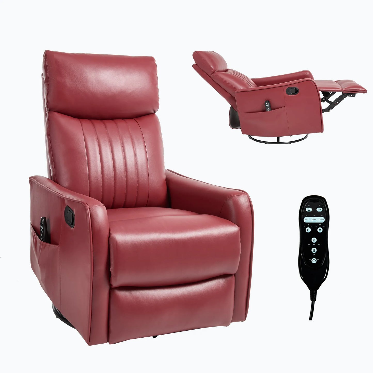 Fully extended red leather recliner chair with remote control on a white background