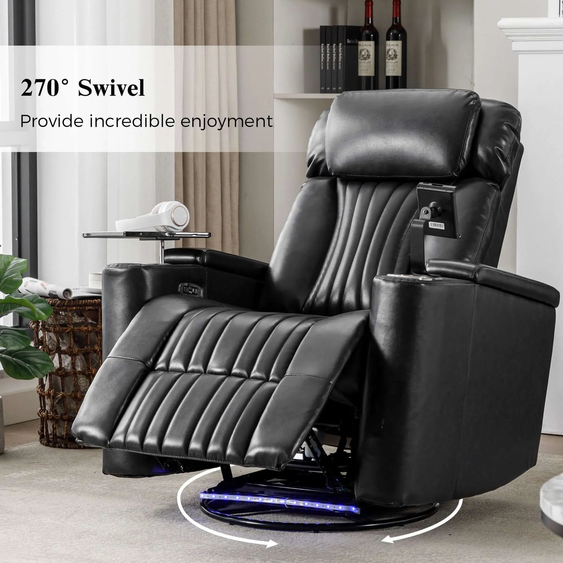 Black recliner chair with swivel feature in a living room setting