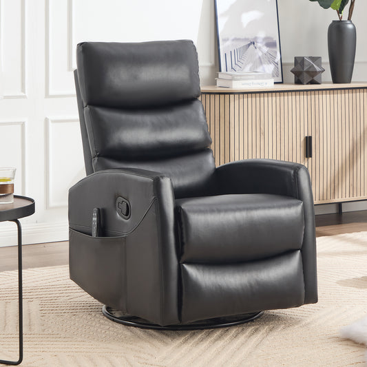 Black leather recliner chair in a living room setting