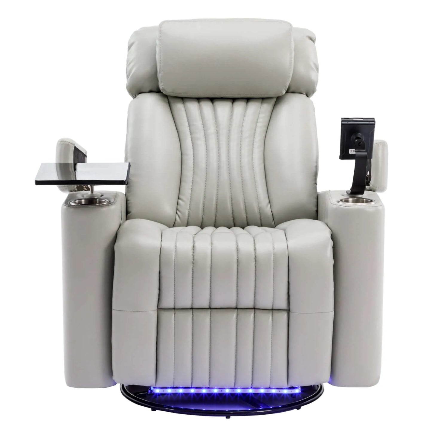 Gray recliner chair with cup holders and LED lighting on a white background
