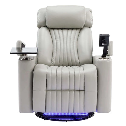 Gray recliner chair with cup holders and LED lighting on a white background
