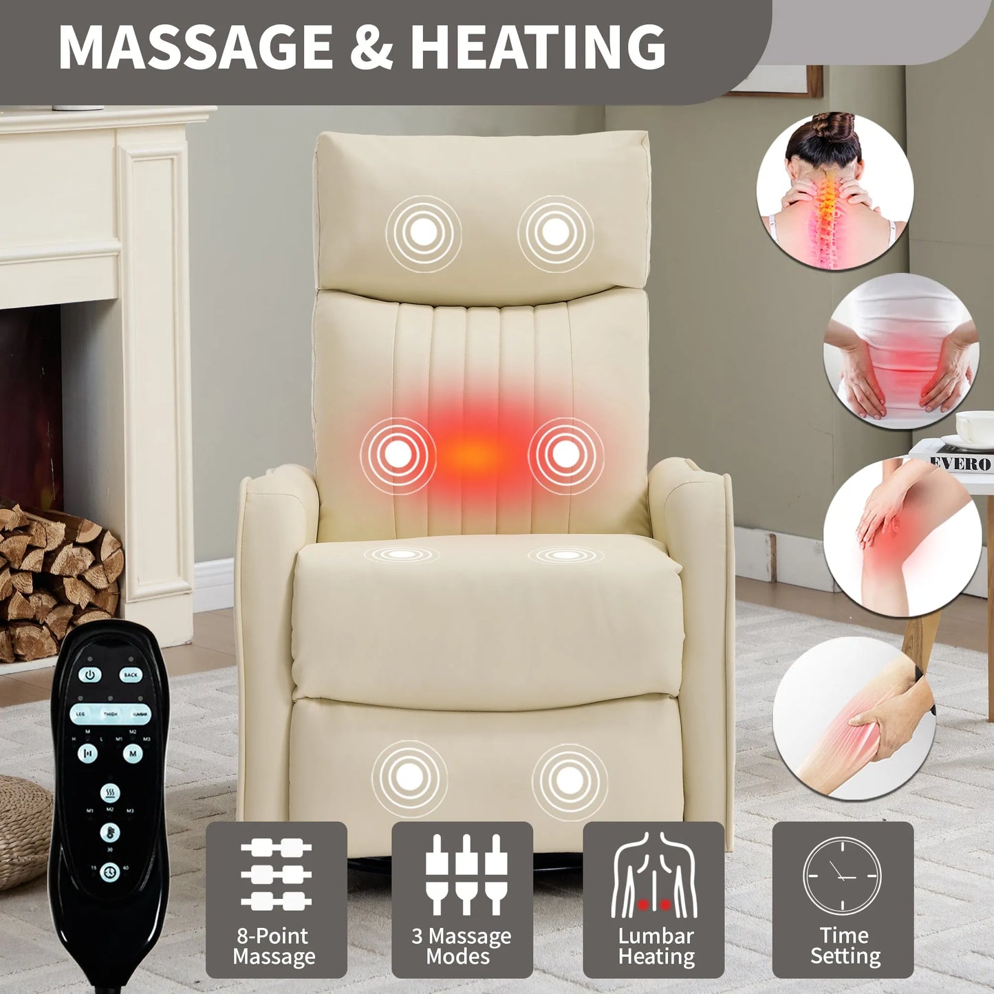 Beige massage recliner chair with remote control in a room setting, highlighting massage and heating features.