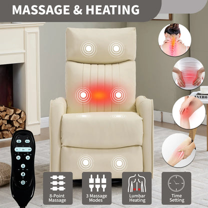 Beige massage recliner chair with remote control in a room setting, highlighting massage and heating features.
