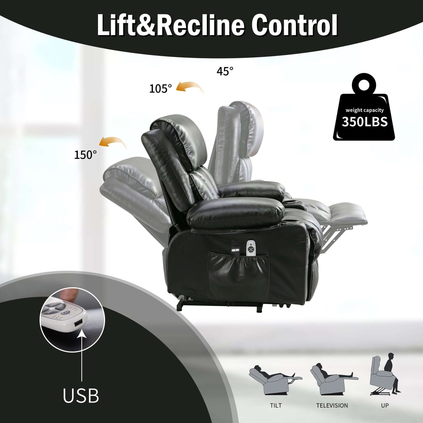 Power Electric massage lift lounge chair, suitable for the elderly, with heating and vibration functions,Fleece leather with USB, can be used for lying down. Black