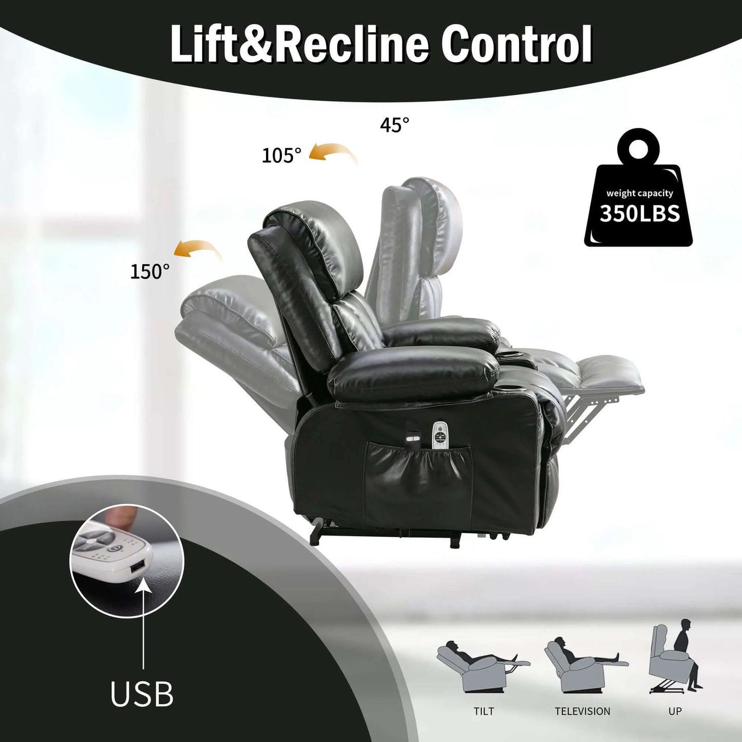 Black recliner chair with lift and recline control features on a white background