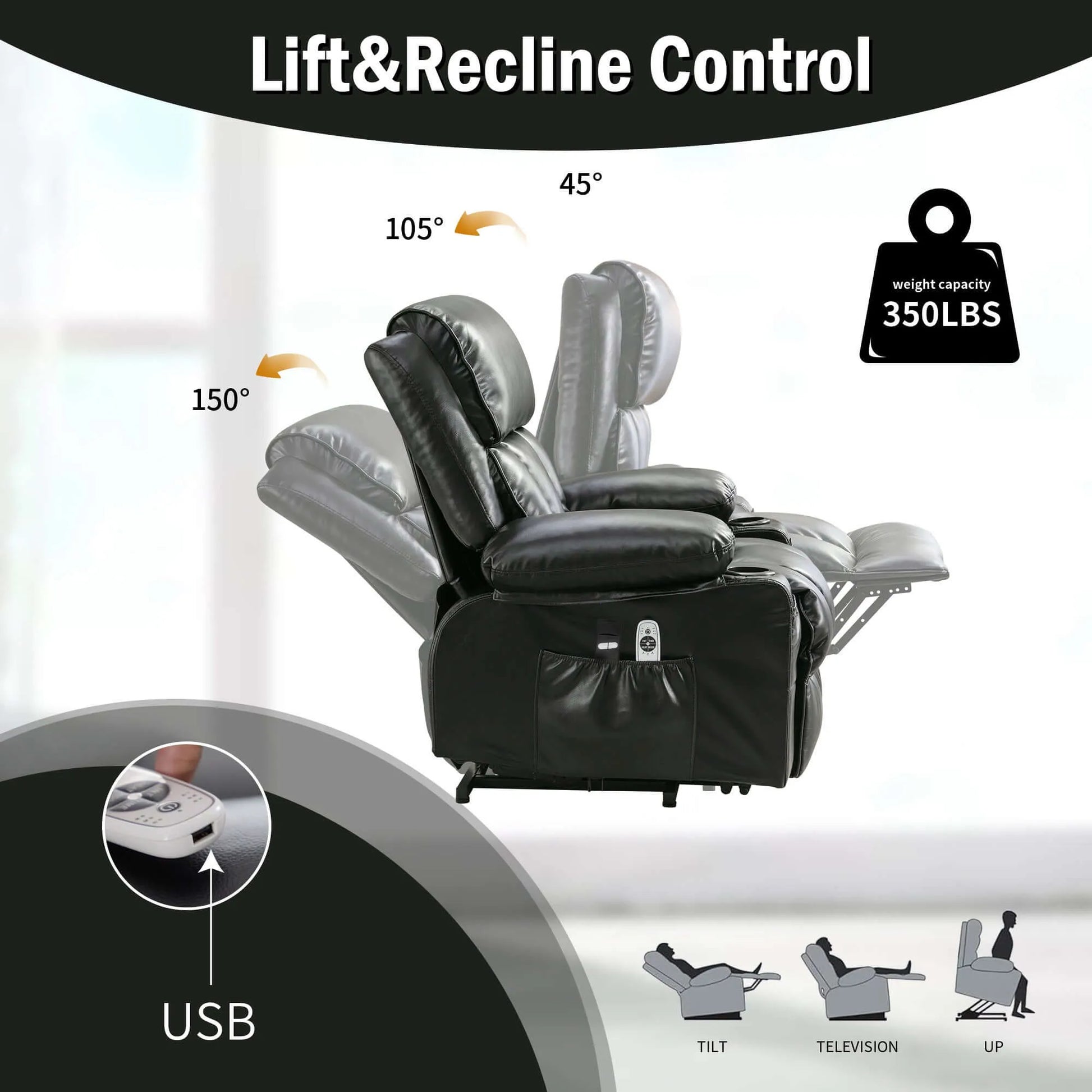 Black recliner chair with lift and recline control features on a white background