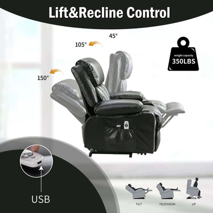 Black recliner chair with lift and recline control features on a white background