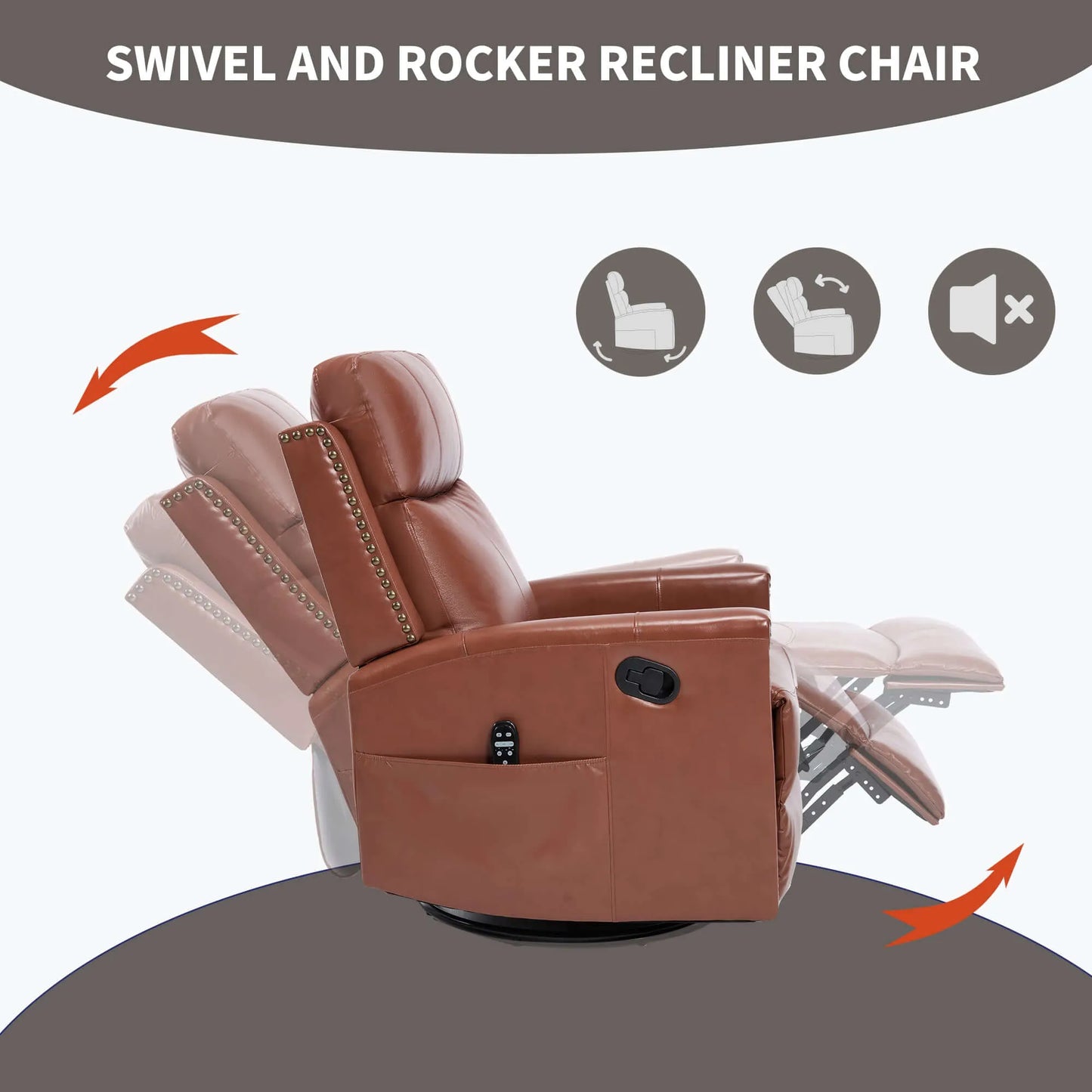 Brown swivel and rocker recliner chair with features indicated by icons on a white background.
