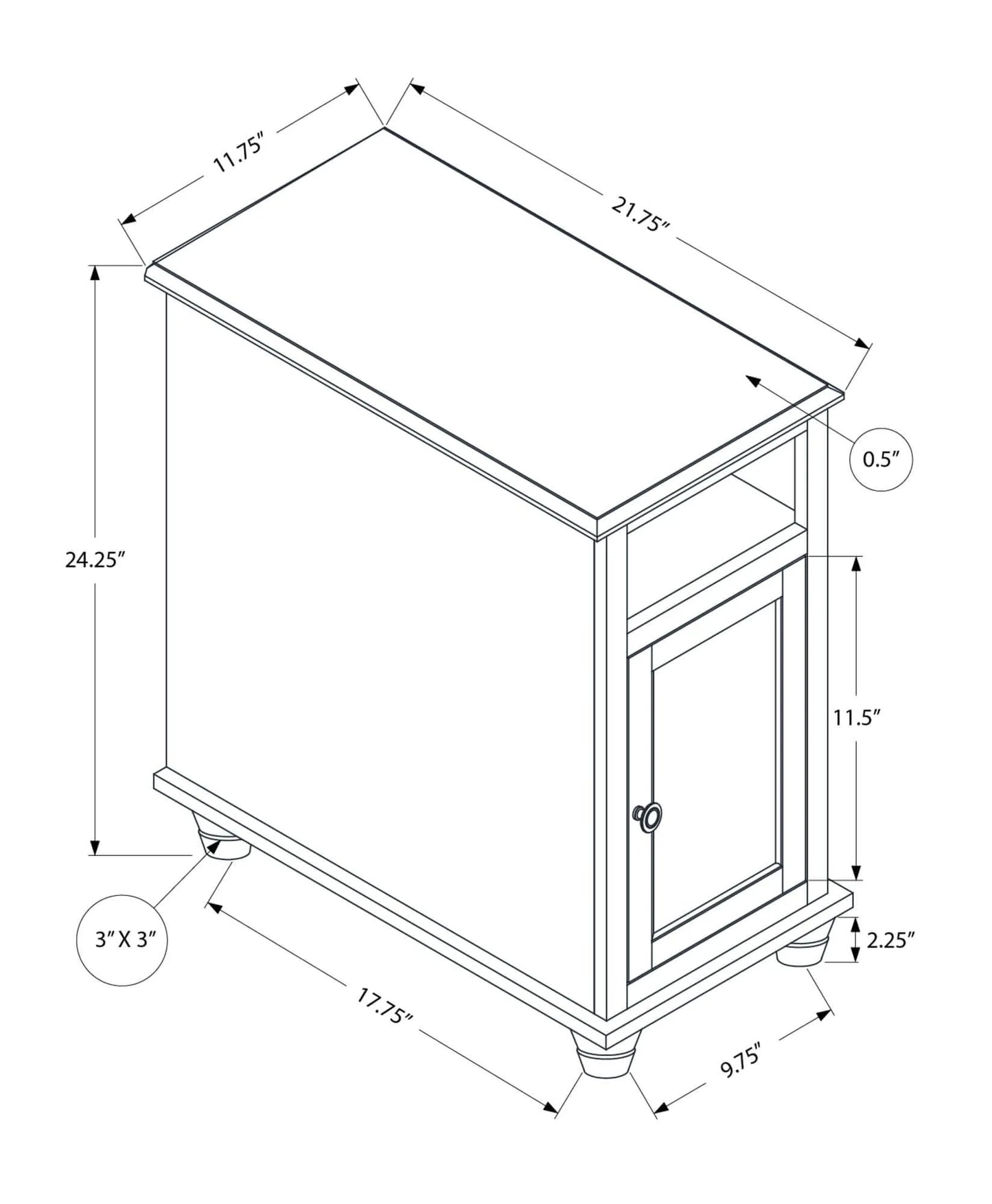 Technical drawing of a end table with dimensions labeled