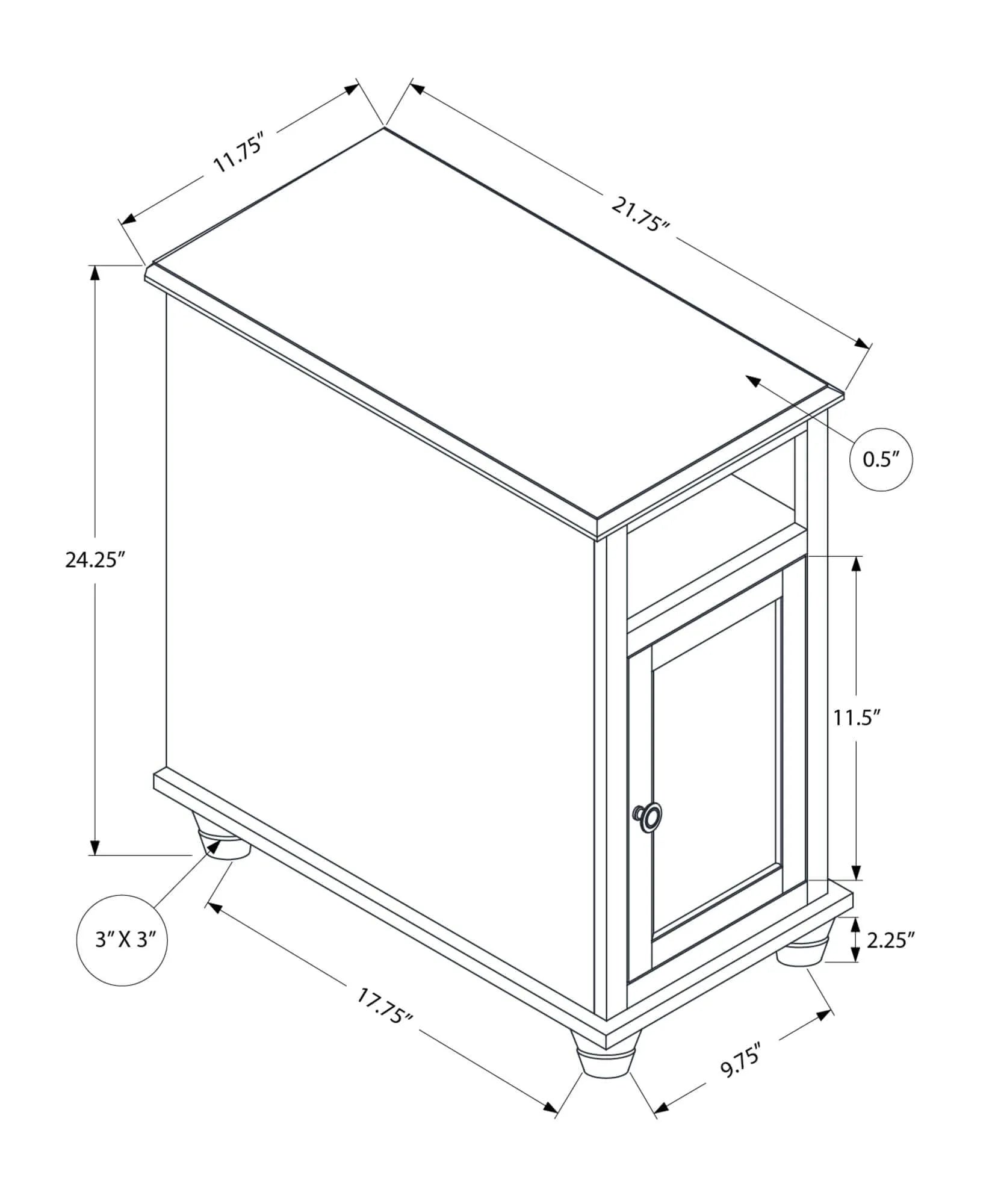 Technical drawing of a end table with dimensions labeled