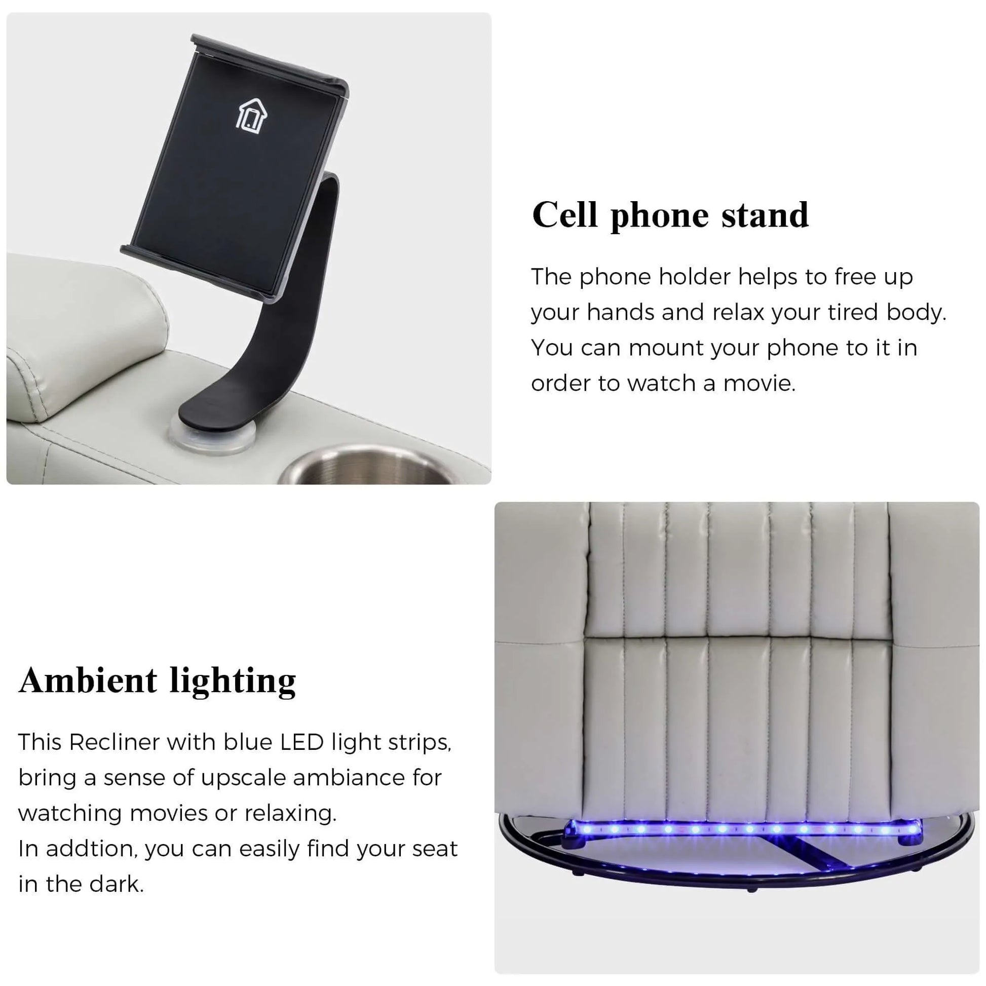 Cell phone stand and gray recliner chair with blue LED lights on a white background