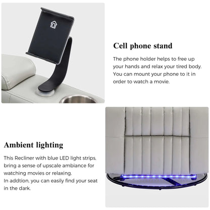Cell phone stand and gray recliner chair with blue LED lights on a white background