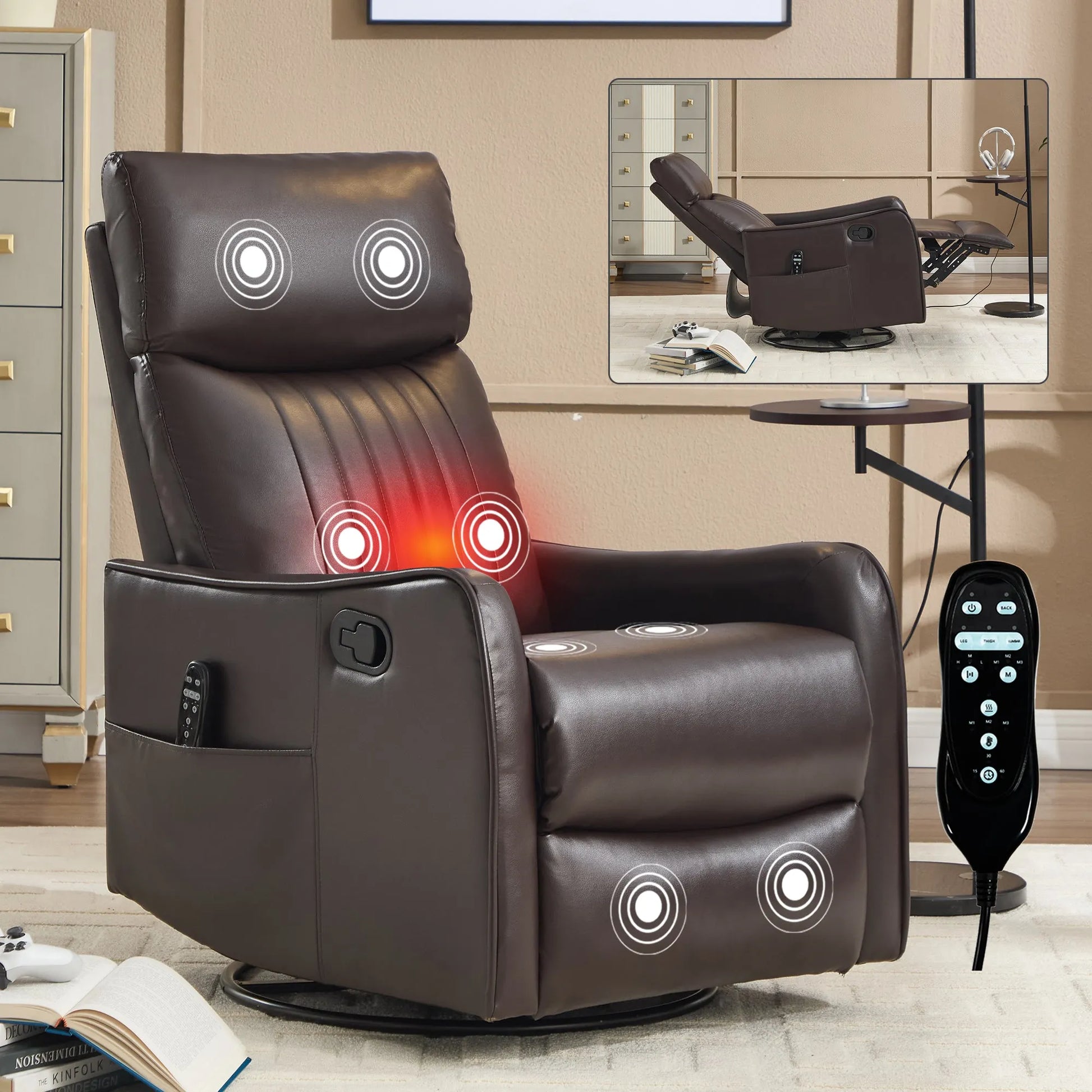 Brown massage chair with red lights on in a room setting
