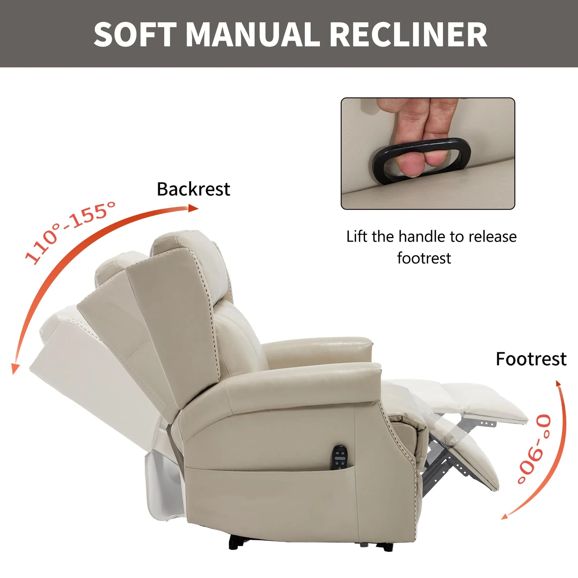 Beige recliner chair with labeled features on a white background
