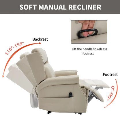 Beige recliner chair with labeled features on a white background