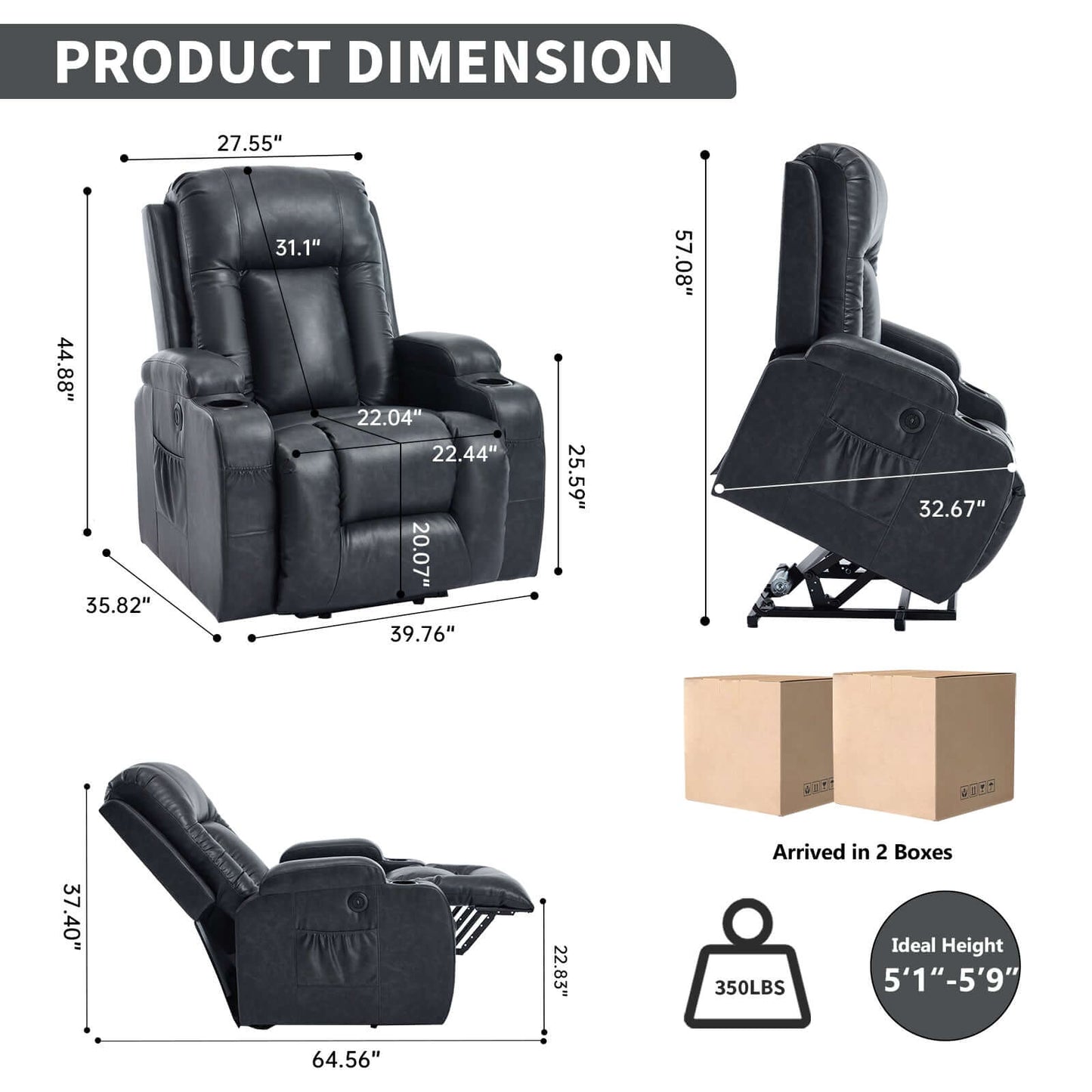 350 LB Power Lift Recliner w/ Massage, Heat, USB, Cup Holders-Gray