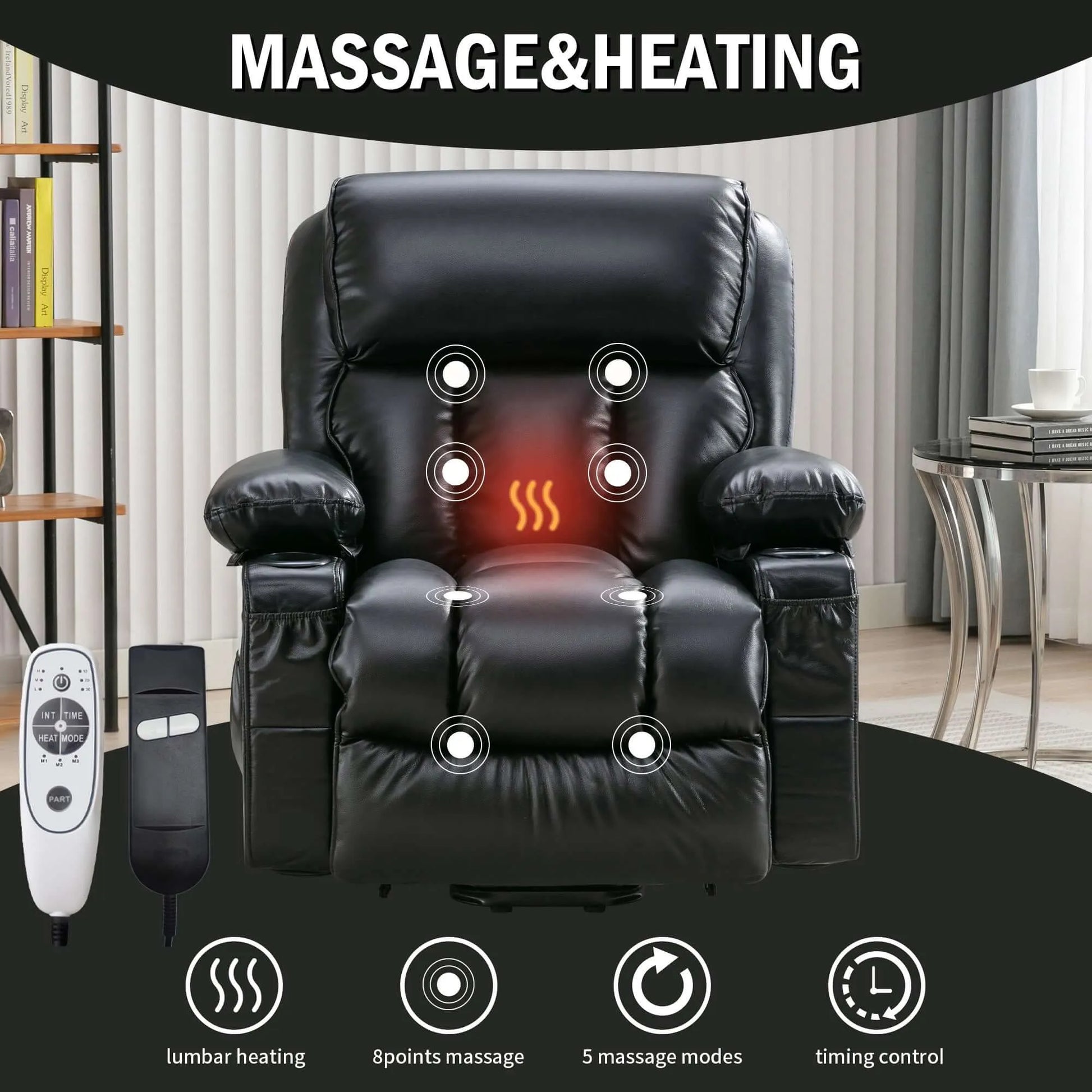 Black massage and heating recliner chair with remote controls in a living room setting.