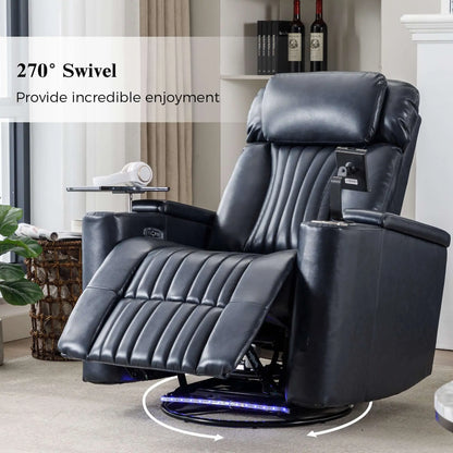 Blue recliner chair with 270-degree swivel feature in a living room setting.