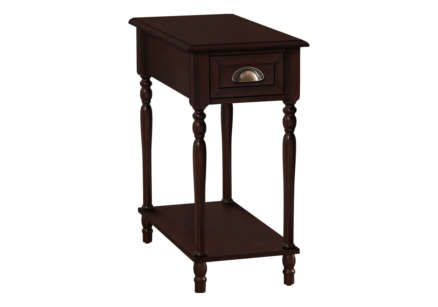 Cherry brown wooden end table with a drawer on a white background
