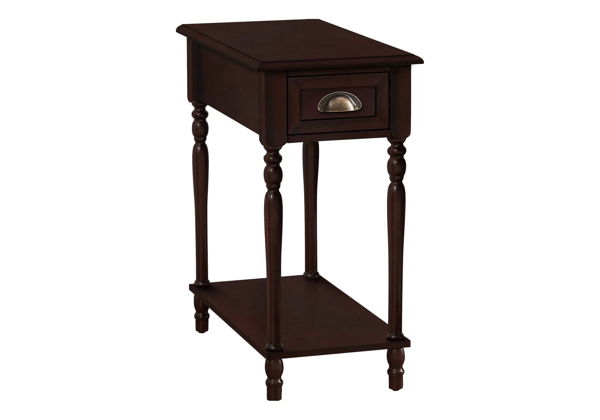 Cherry brown wooden end table with a drawer on a white background