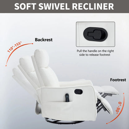 White soft swivel recliner chair with labeled features on a gray background