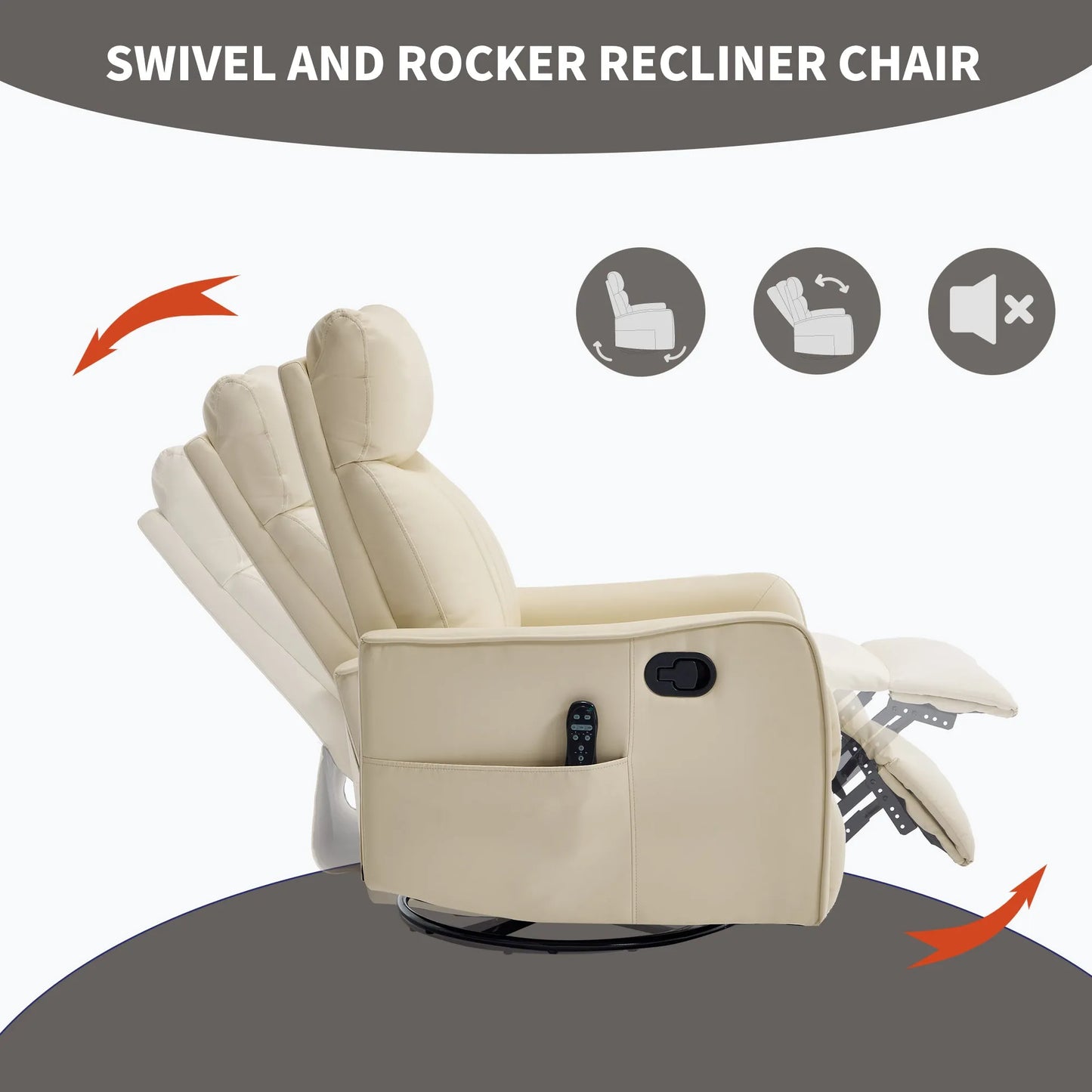 Beige swivel and rocker recliner chair with features indicated on a gray background