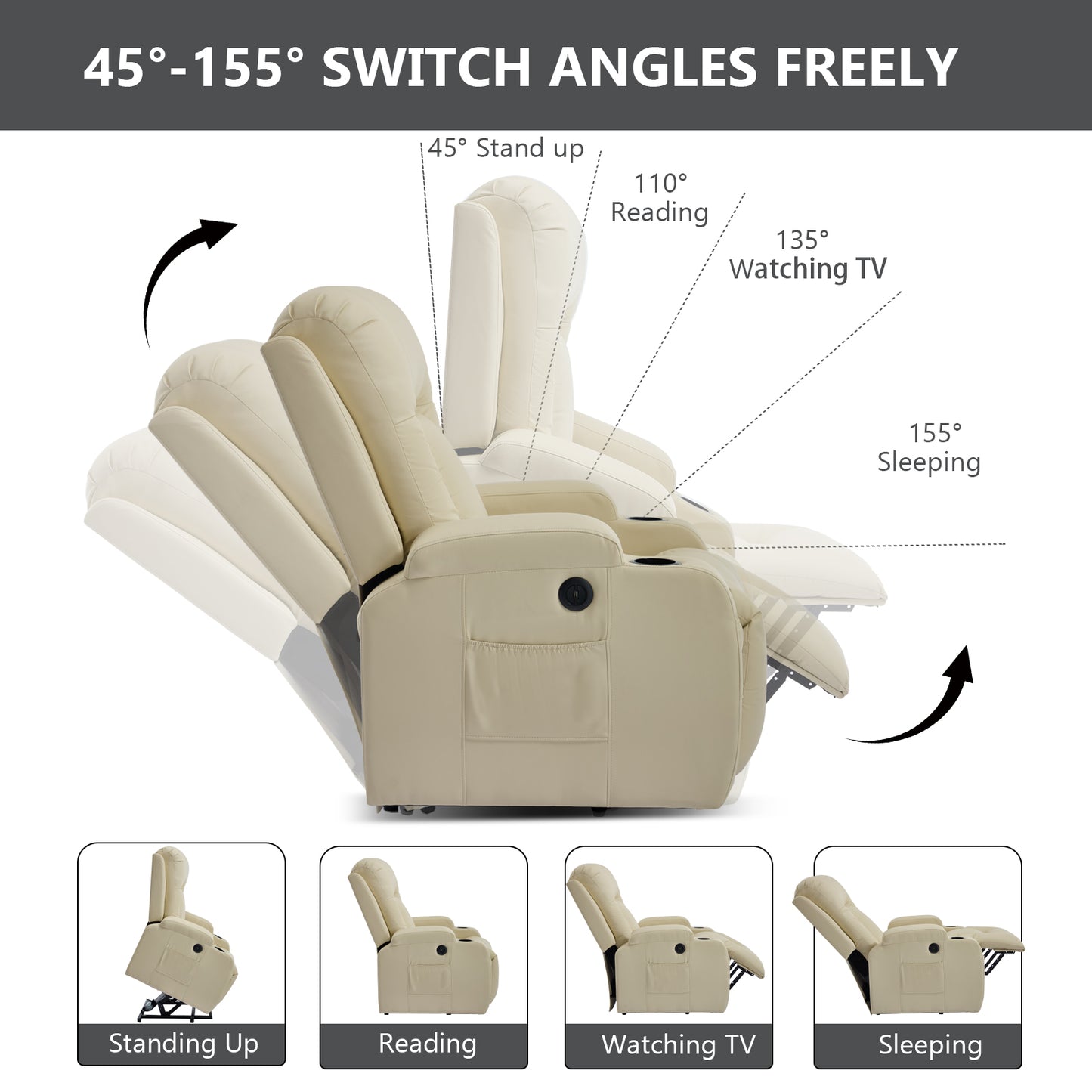 350 LB Power Lift Recliner w/ Massage, Heat, USB, Cup Holders-Beige