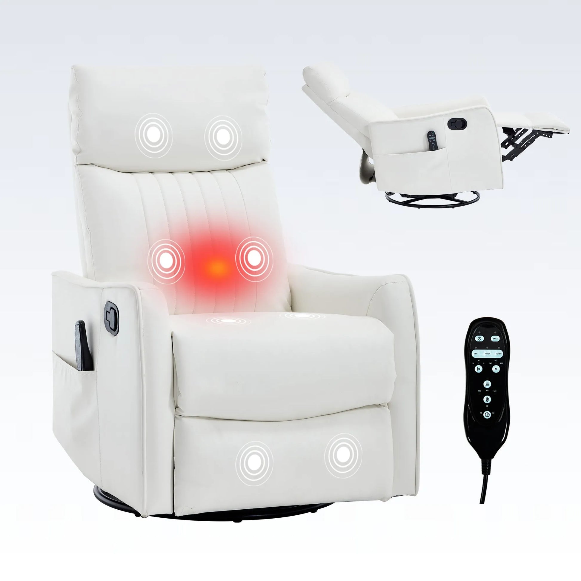 White massage chair with red light on a white background