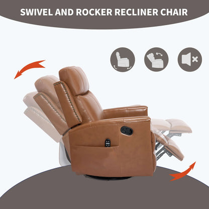 Brown swivel and rocker recliner chair with features highlighted on a gray background