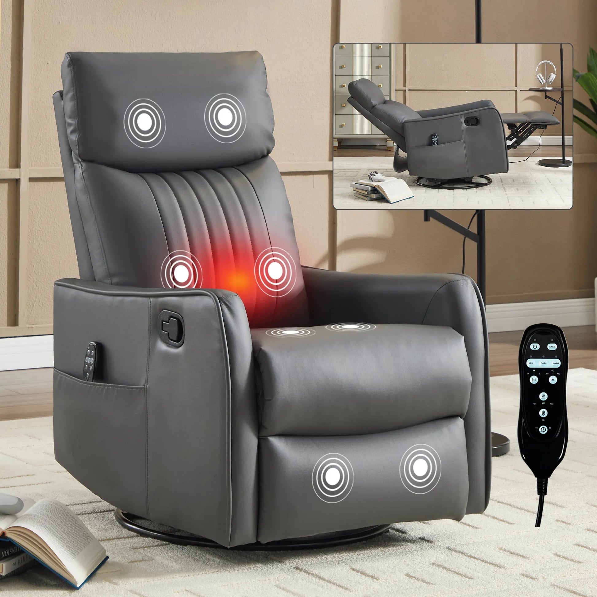 Gray massage recliner chair with heating elements and remote control in a room setting.