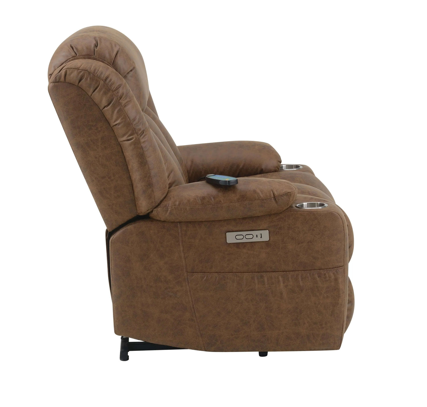 Side view of a brown recliner chair with cup holders and remote on a white background