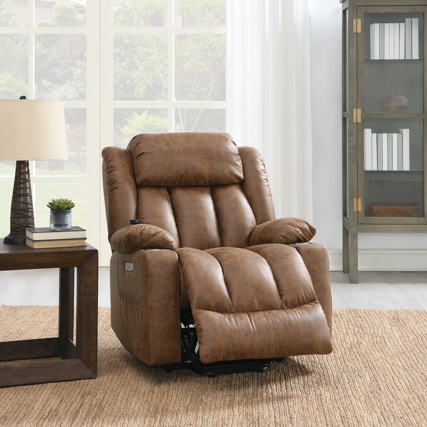 Brown leather recliner chair in a living room setting with a side table and lamp.