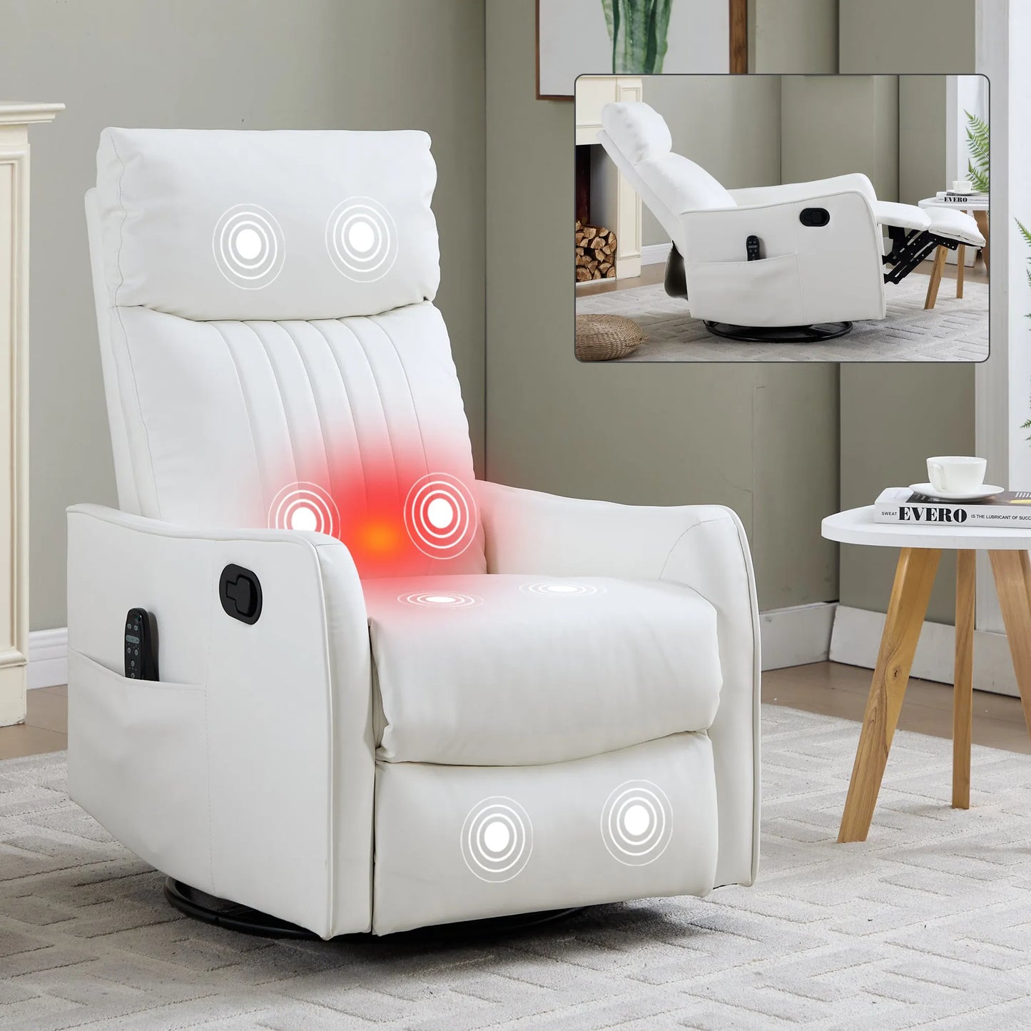 White massage recliner chair with illuminated massage points in a room setting