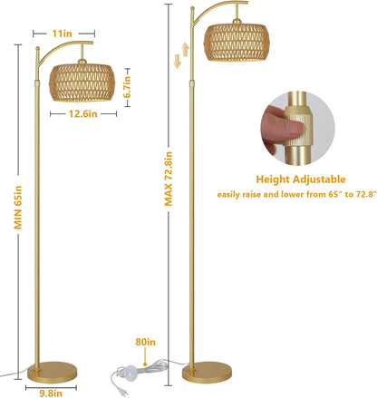 Gold floor lamp with dimensions and height adjustment feature on a white background