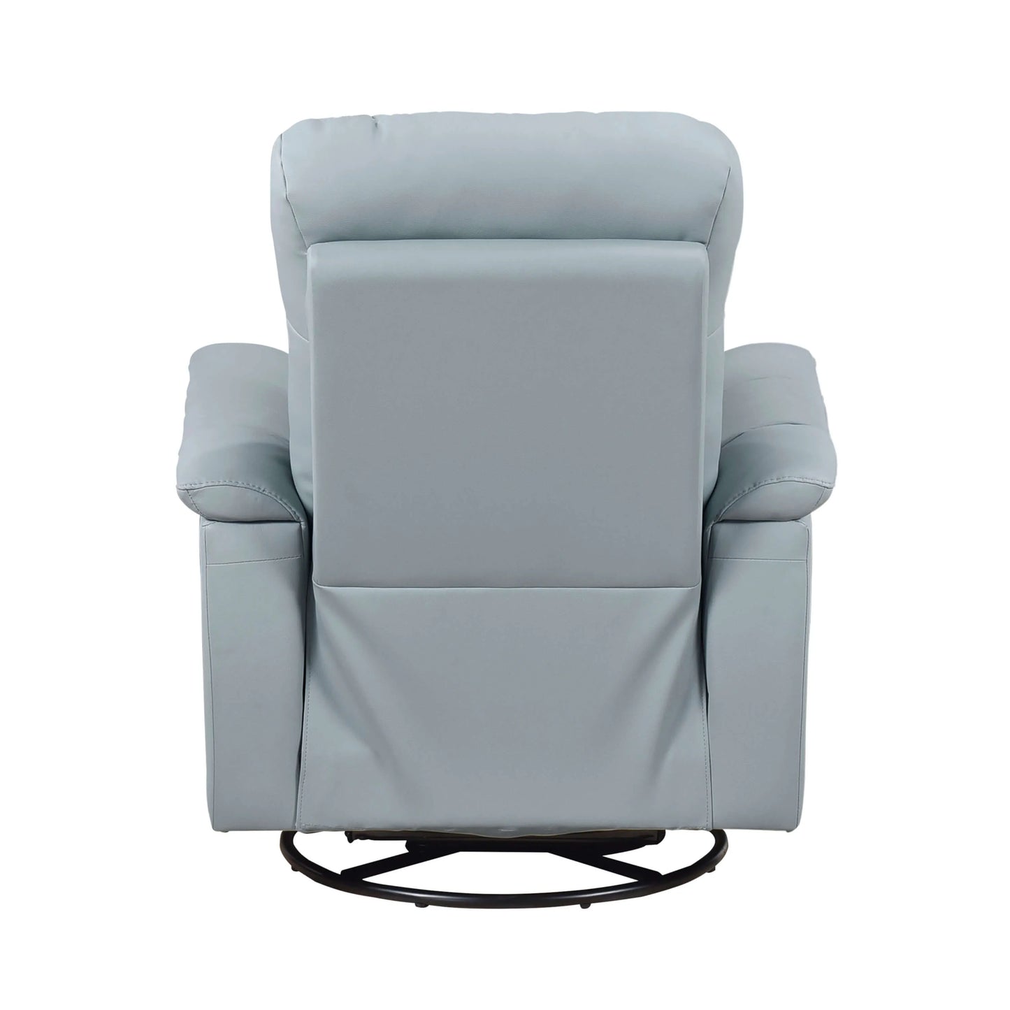 Blue recliner chair with black round swivel base on a white background