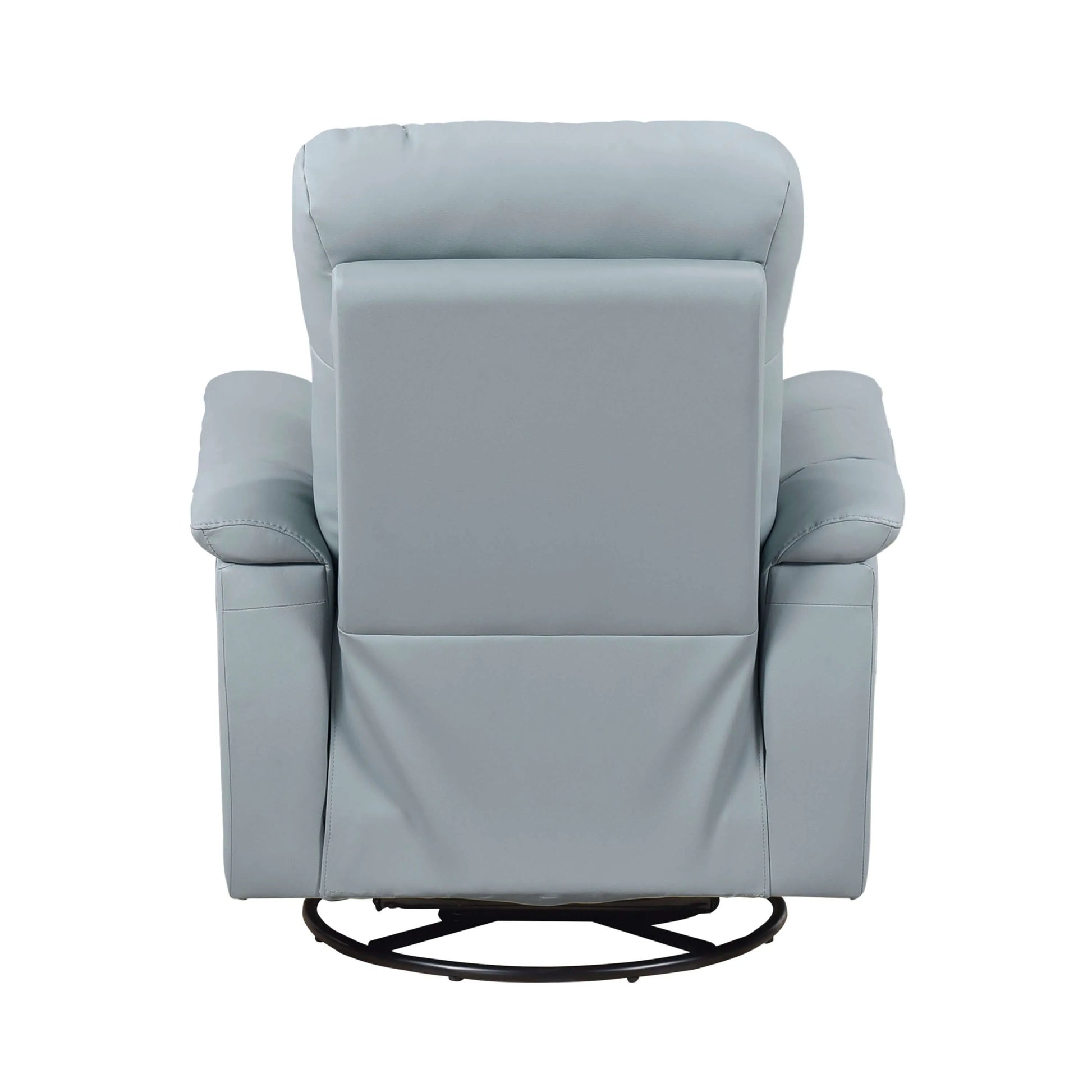 Blue recliner chair with black round swivel base on a white background