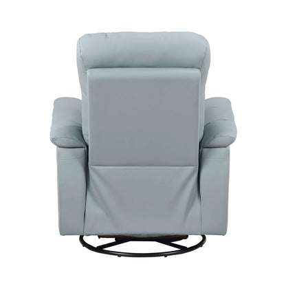 Blue recliner chair with black round swivel base on a white background
