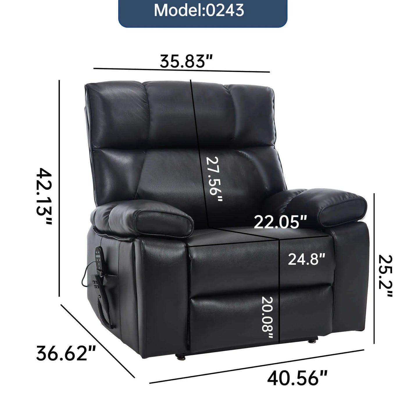 Black recliner chair with dimensions labeled on a white background