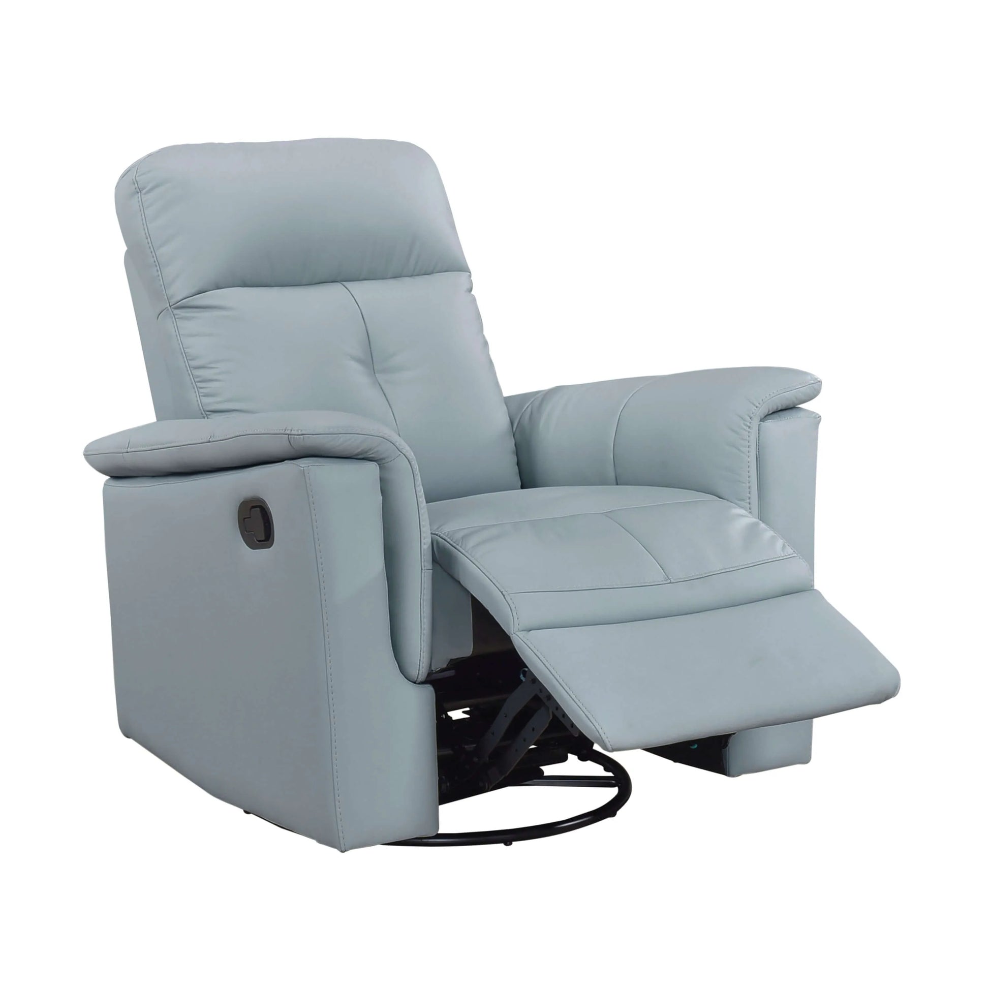 Blue recliner chair with footrest extended on a white background