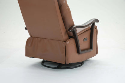 Brown recliner chair with wood arms, power control panel and black metal base on a white background