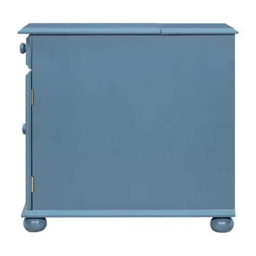 Side view of a blue end table with round legs on a white background